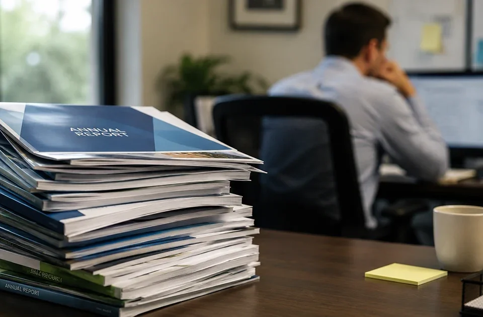 A stack of annual reports being ignored