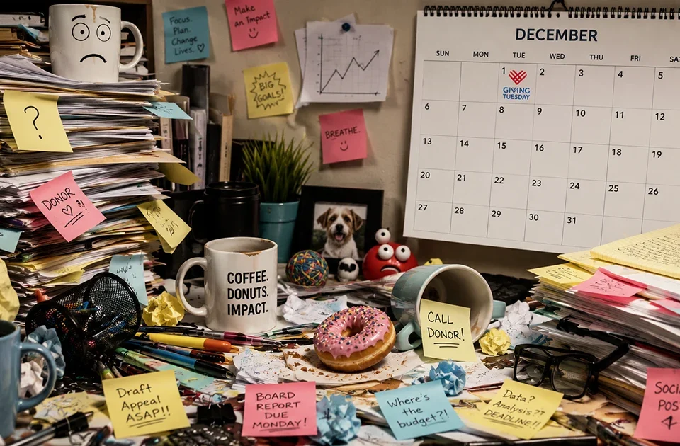 Cluttered desk with a wall calendar marked for Giving Tuesday, Dec. 1, 2026