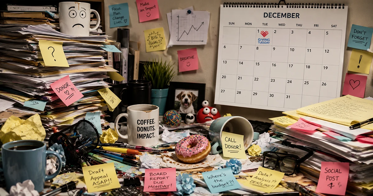 Cluttered desk with a wall calendar marked for Giving Tuesday, Dec. 1, 2026