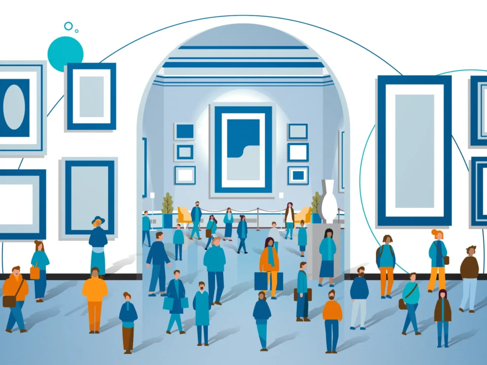 Illustration depicting a museum filled with visiting members