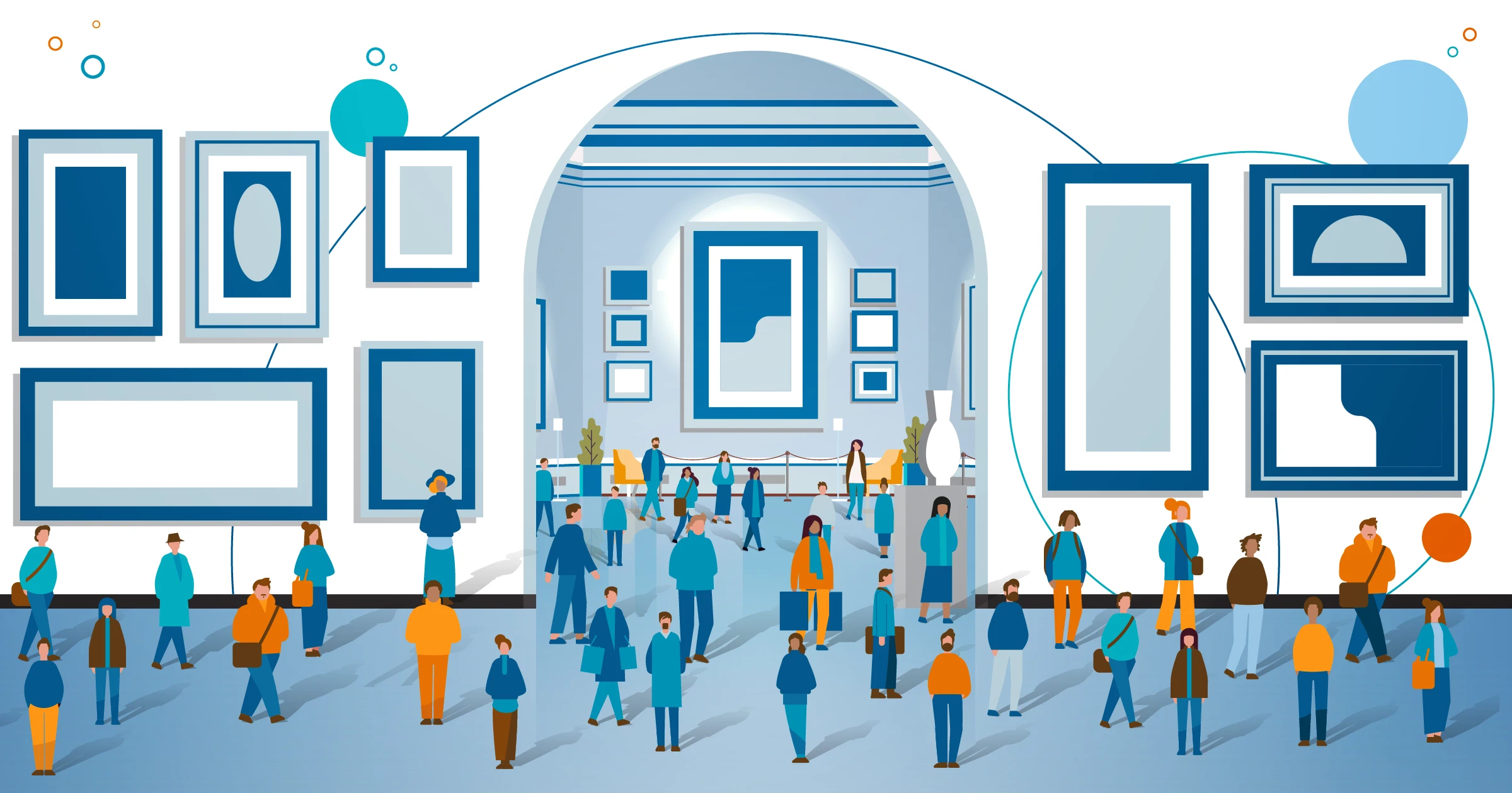Illustration depicting a museum filled with visiting members