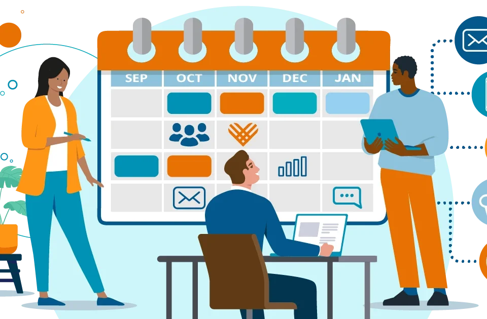 Illustration depicting a team of people in a year-end giving calendar planning session