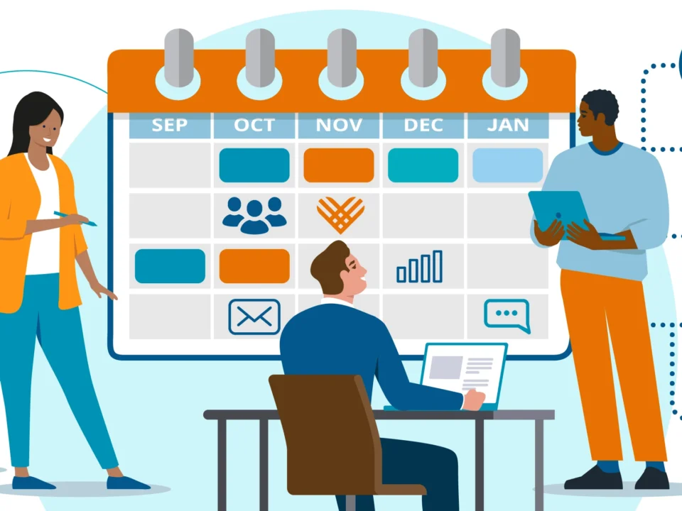 Illustration depicting a team of people in a year-end giving calendar planning session
