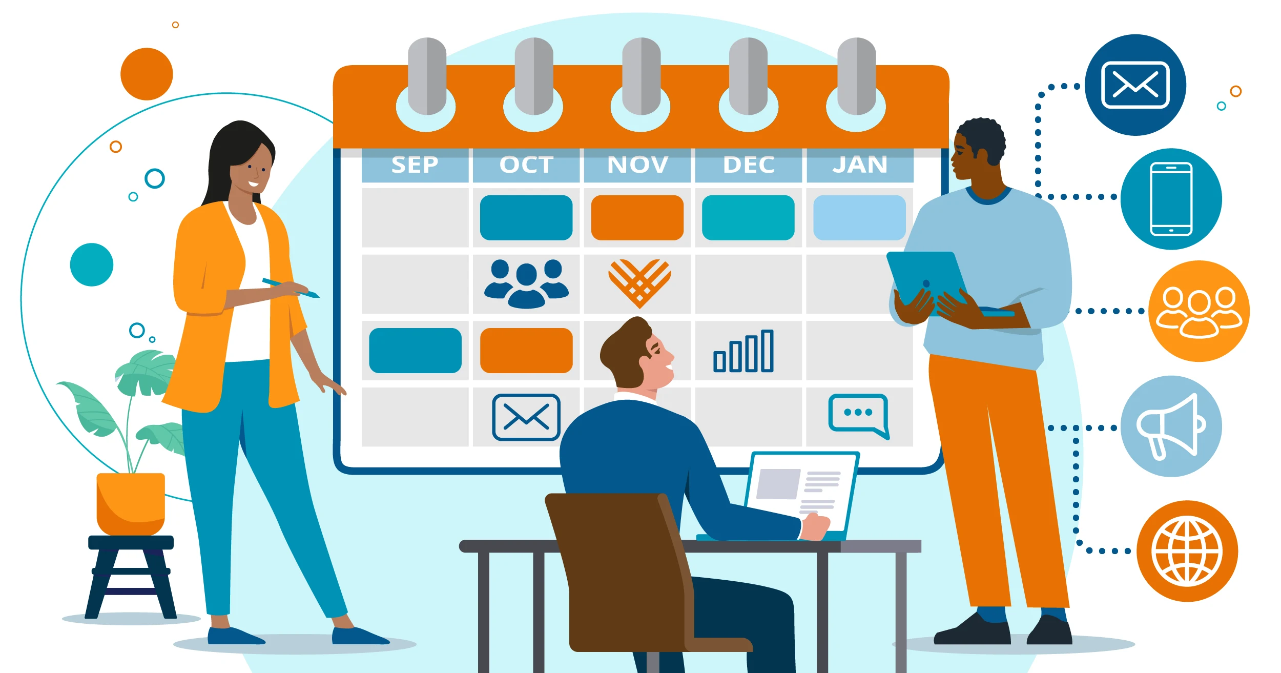 Illustration depicting a team of people in a year-end giving calendar planning session